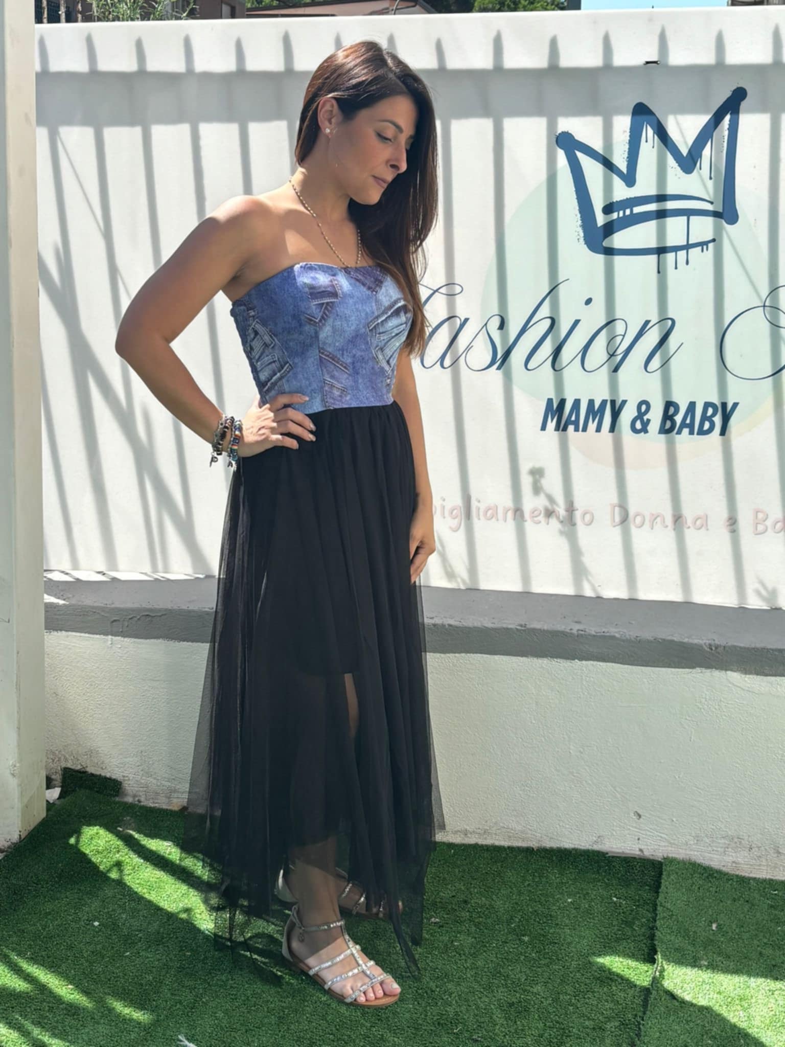 Abito a fascia metà stampa jeans metà tulle