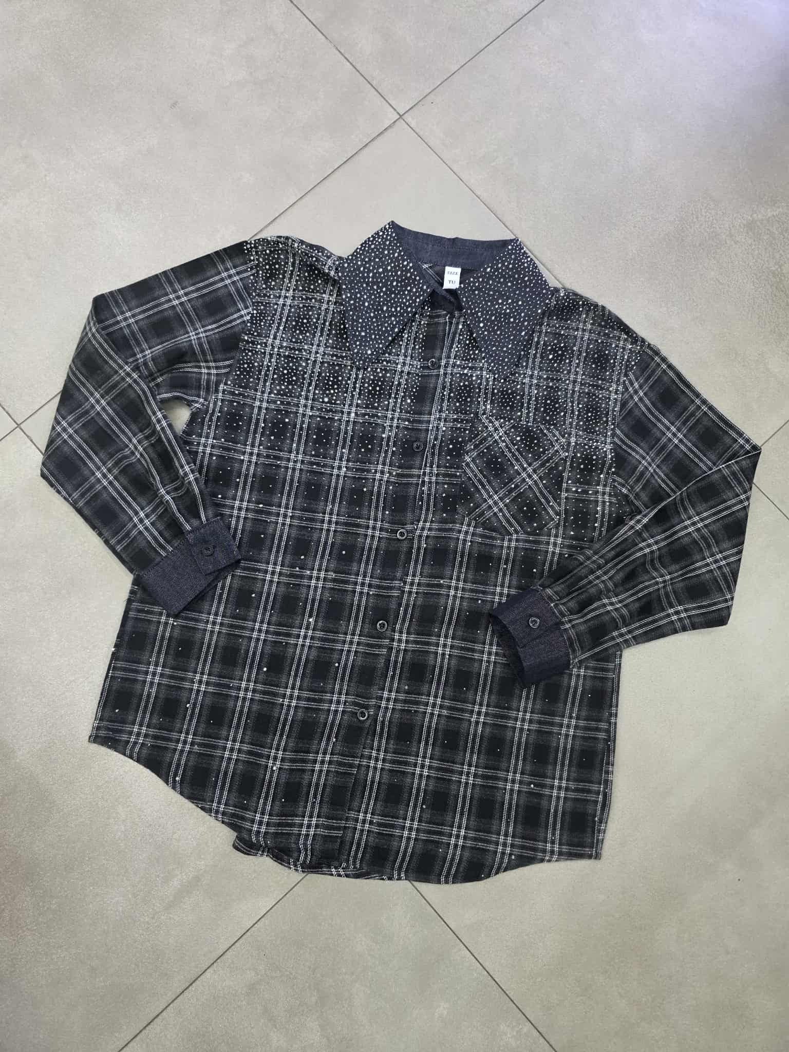 Camicione di jeans quadri con brillantini