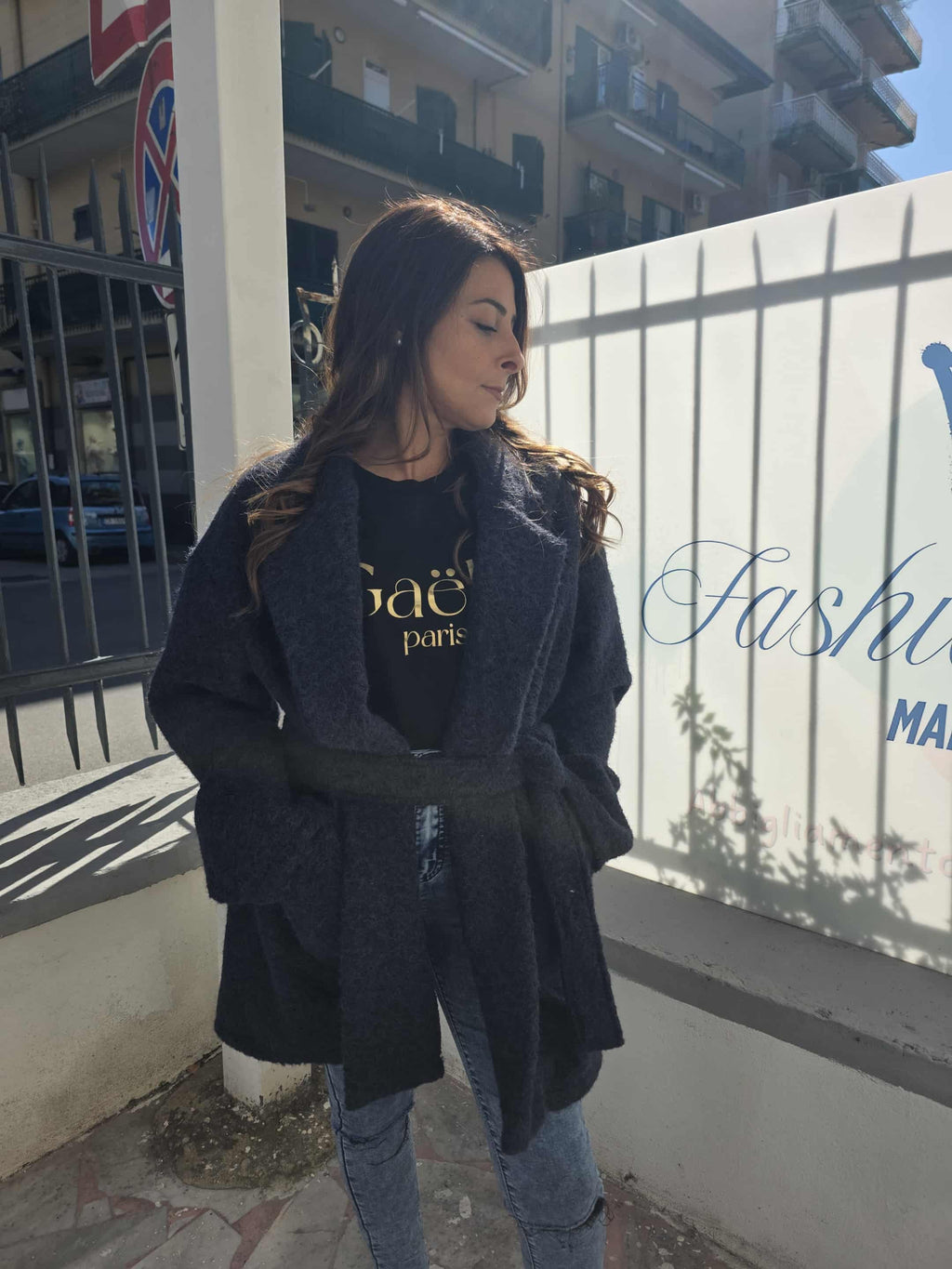 Cappotto doppio petto con cintura