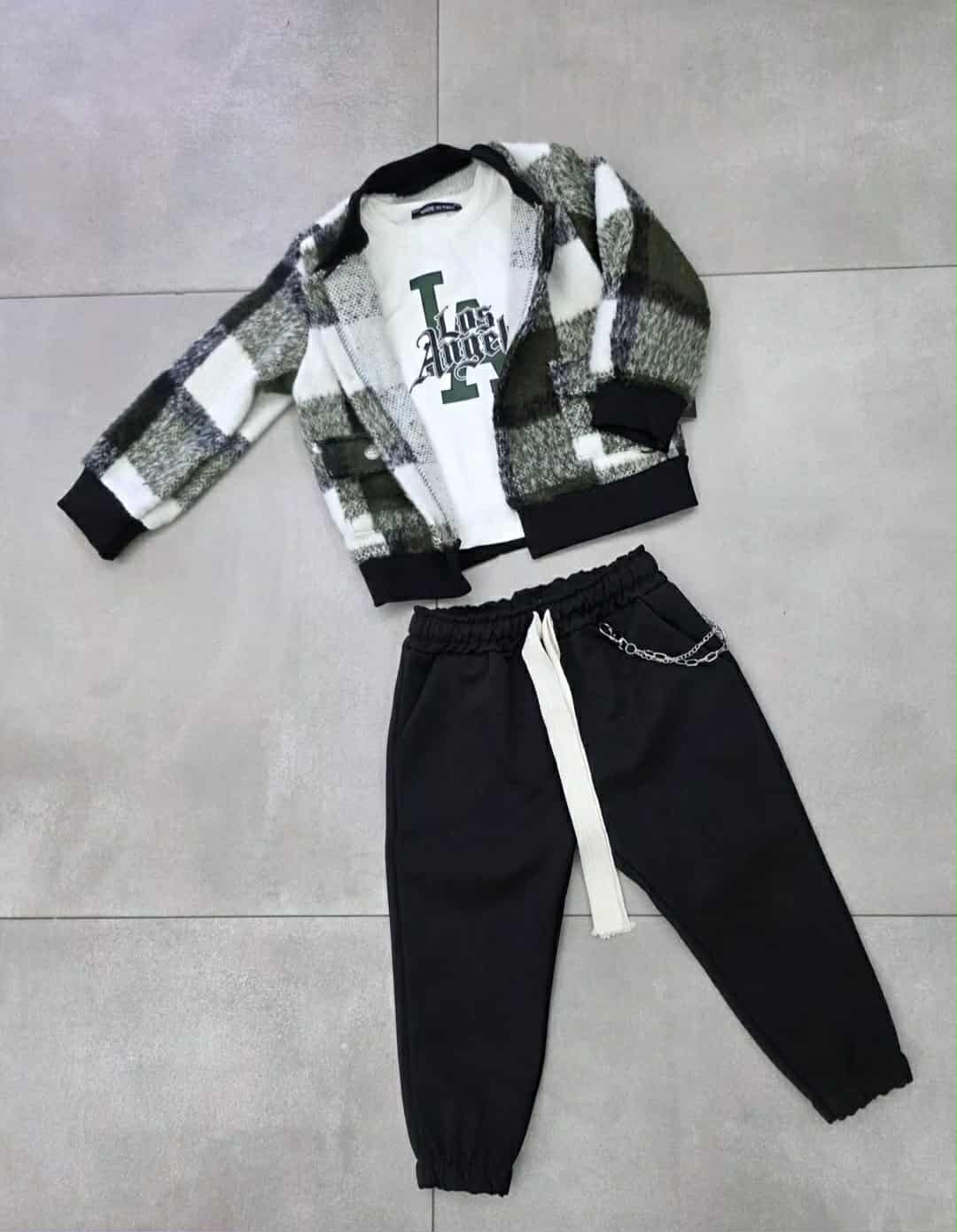 Completo 3 pezzi camicione flanella maglia e pantalone con catena