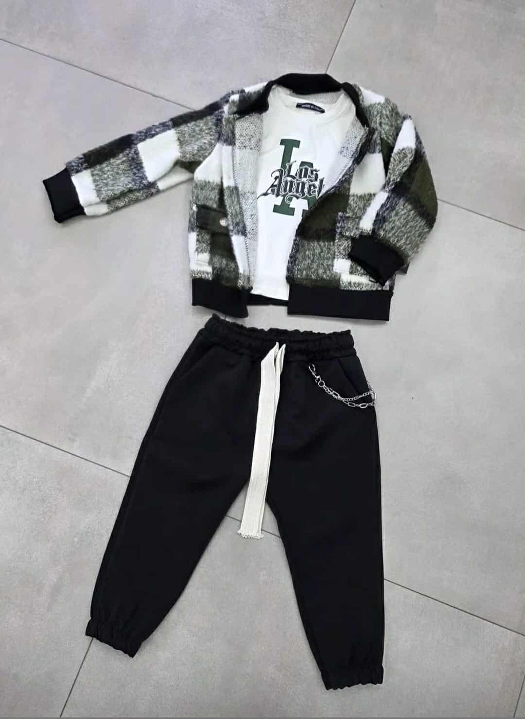 Completo 3 pezzi camicione flanella maglia e pantalone con catena