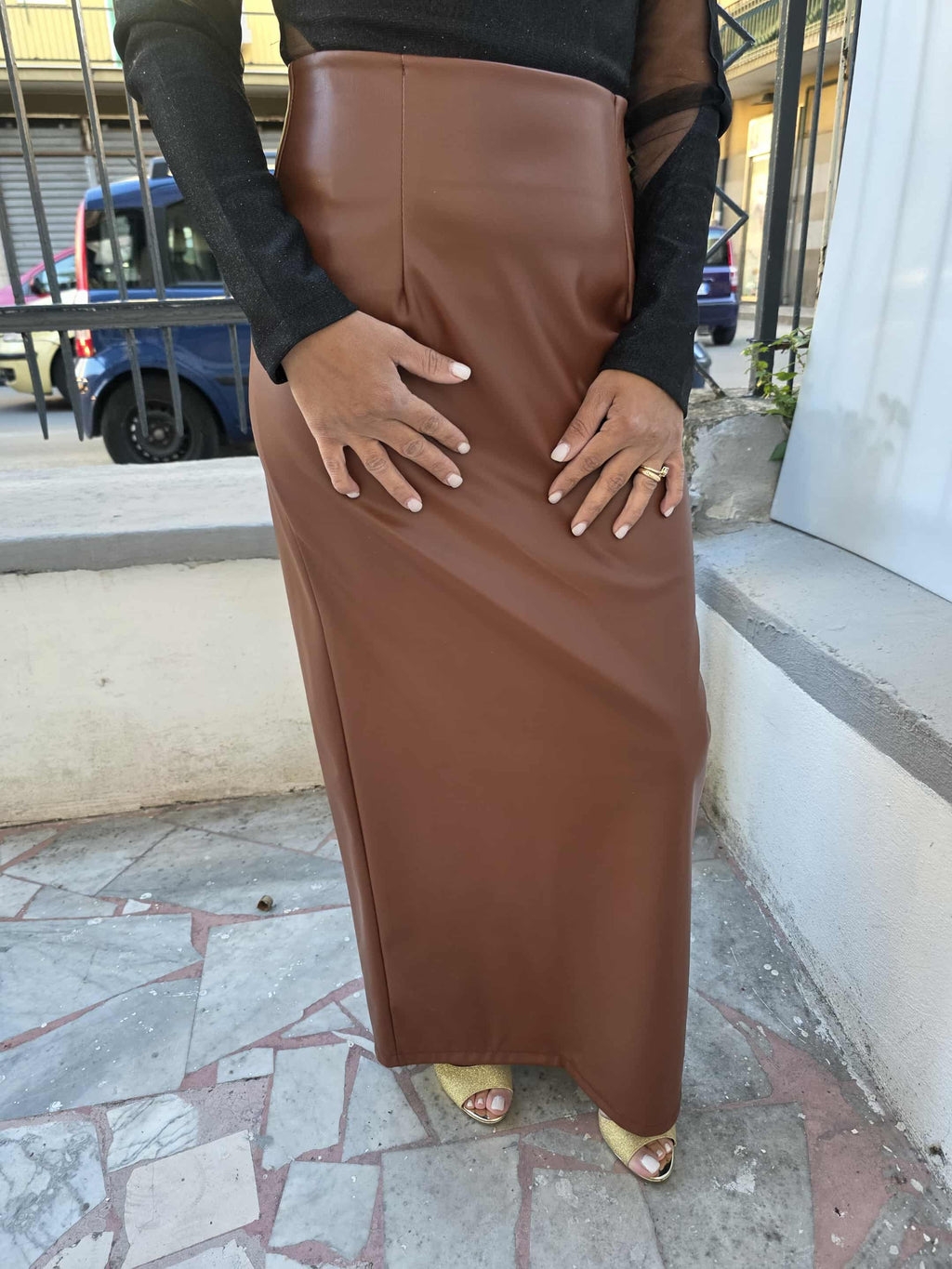 Gonnellone lungo ecopelle con spacco posteriore