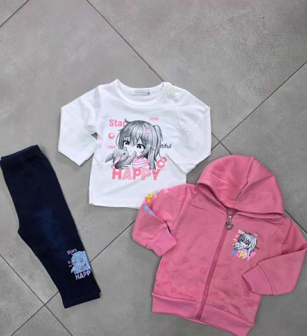 Completo 3 pezzi leggings maglia e felpa con zip e stampa