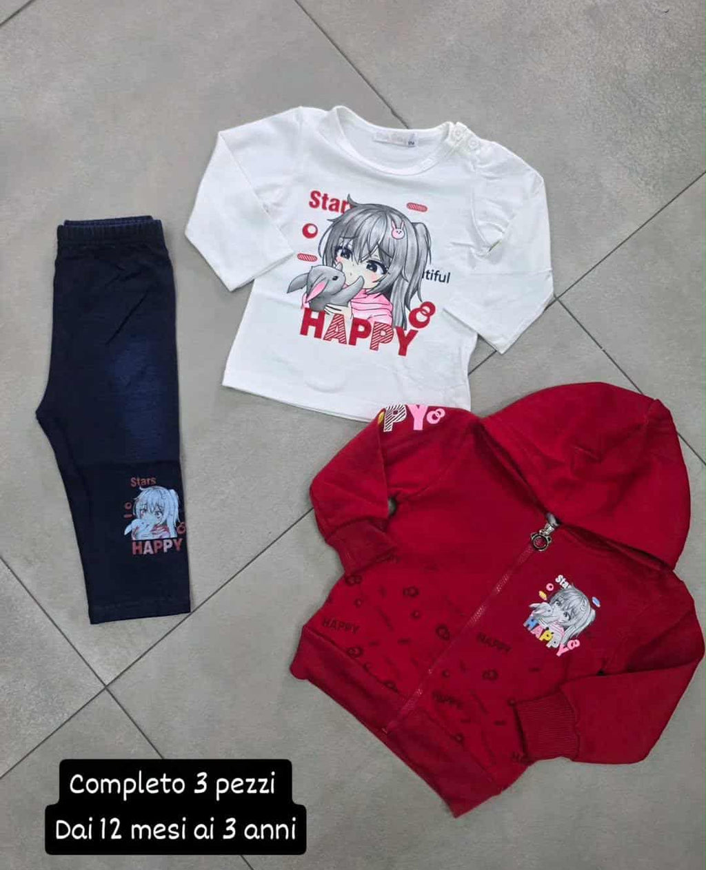 Completo 3 pezzi leggings maglia e felpa con zip e stampa