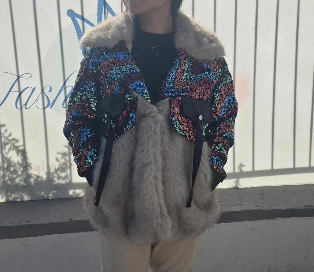 Pelliccia paillettes lunga bicolore